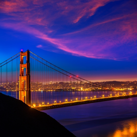Golden Gate Bridge San Francisco sunset view through cables in California USAの写真素材