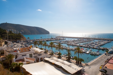 Moraira Alicante marina nautic port high angle view in Mediterraneanの写真素材