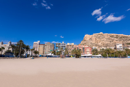 Alicante Postiguet beach and castle Santa Barbara in Spain Valencian Communityの写真素材