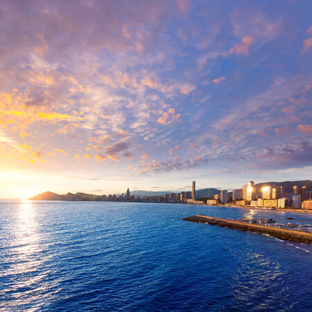 Benidorm Alicante sunset playa de Poniente beach in Spain Valencian communityの写真素材