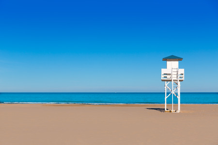 Gandia beach in Valencia at Mediterranean Lifegurard tower Spainの写真素材