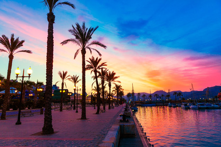 Cartagena Murcia port marina sunset in Mediterranean Spainの写真素材