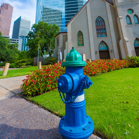 Fire hydrant blue in Houston Clay St Downtown Texas USの写真素材