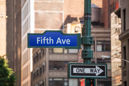 Fift avenue blue sign 5 th Av New York Mahnattan USAの写真素材