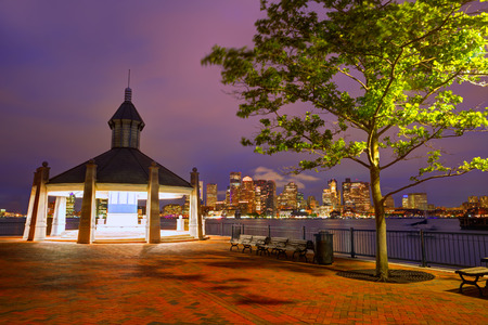 Boston skyline at sunset at Piers Park in Massachusetts USAの写真素材