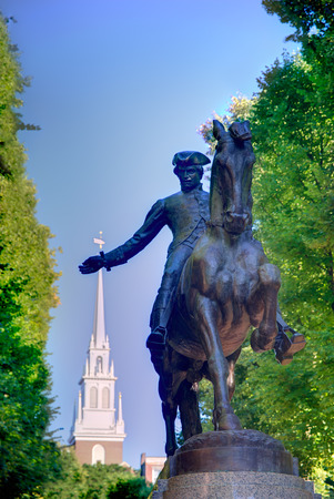 Boston Paul Revere Mall statue and Old North church Massachusettsの写真素材