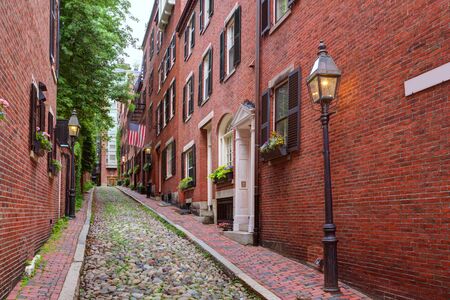 Acorn street Beacon Hill cobblestone Boston in Massachusetts USAの写真素材