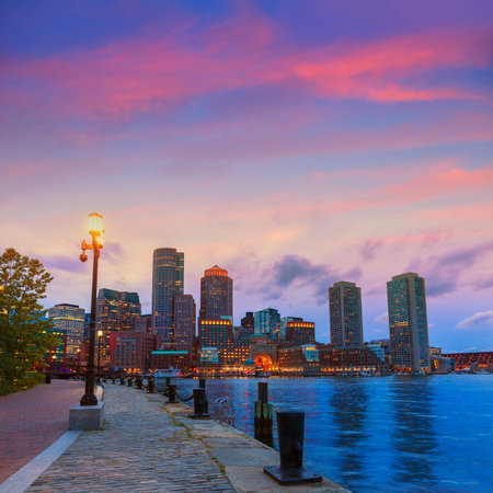 Boston sunset skyline from Fan Pier in Massachusetts USAの写真素材