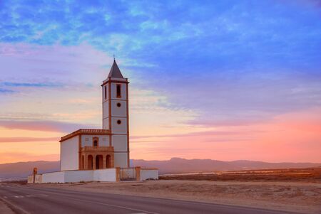 Almeria Cabo de Gata Salinas church sunset in San Miguel Beach at Spain