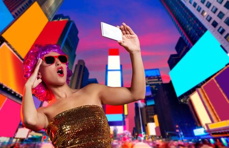 Party girl pink wig selfie photo in Times Square of New York Photomount
