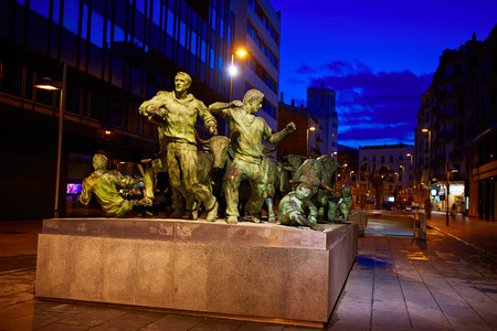 Pamplona monument to San Fermin statue with the bulls on Spainの写真素材