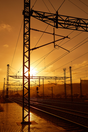 Santiago de Compostela sunrise at train railways end of Saint James Wayの写真素材