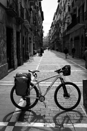 Way of Saint James biking  in Pamplona Calle Mayor street Spainの写真素材