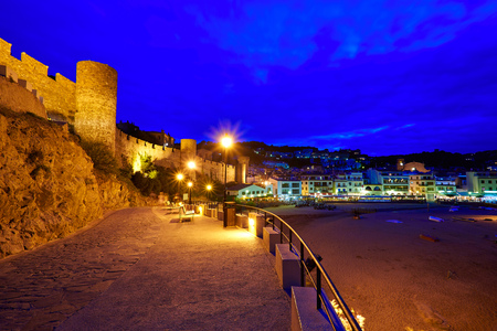 Tossa de Mar sunset in Costa Brava of Catalonia spain Castle and beachのeditorial素材