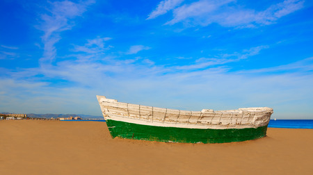 Valencia La Malvarrosa beach boats stranded in Mediterranean Spainの写真素材