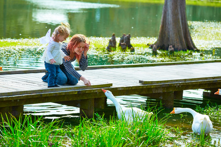 Kid girl and mother playing with ducks in the park lakeの写真素材