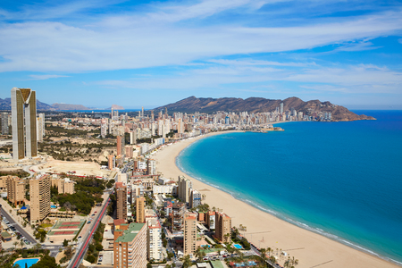 Benidorm beach aerial skyline in Alicante Mediterranean of Spainの写真素材