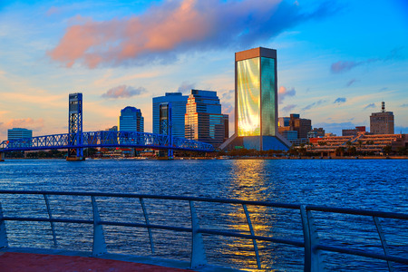 Jacksonville skyline evening with blue river reflection in florida USAの写真素材