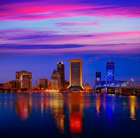 Jacksonville skyline sunset river reflection in Florida USAの写真素材