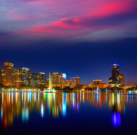 Orlando skyline sunset at lake Eola in Florida USAの写真素材