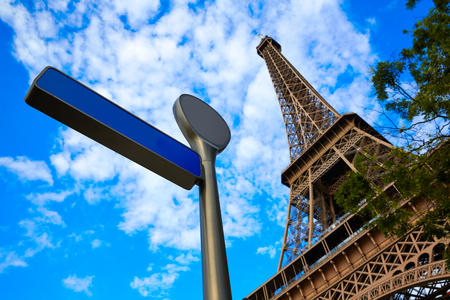 Eiffel Tower in Paris under blue sunny sky at Franceの写真素材
