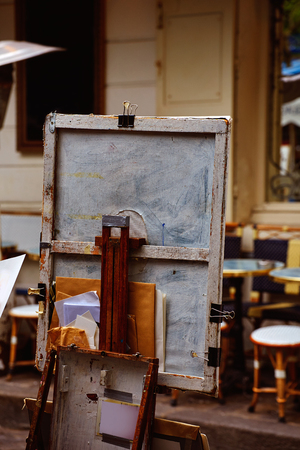 Montmartre painters place du Tertre canvas and tools in Franceの写真素材