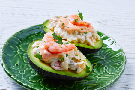 Seafood filled avocado with shrimps tapas pinchos from Spain food recipesの写真素材