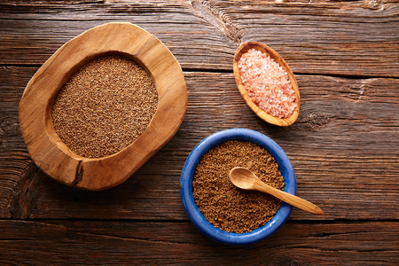 Sesame seeds gomasio seasoning ingredients with Himalayas saltの写真素材