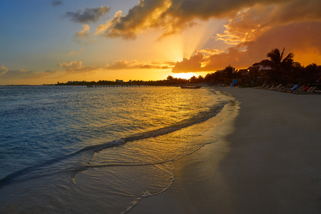Mahahual Caribbean beach sunset in Costa Maya of Mayan Mexicoの写真素材