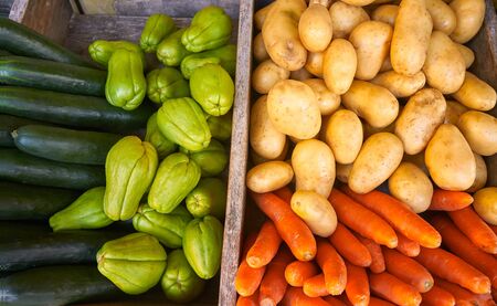 Mexican market vegetables carrot potatoes cucumbers and Chayote squash