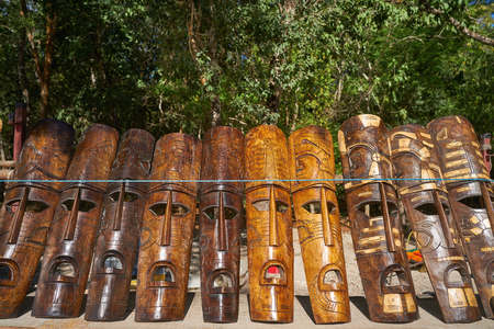 Chichen itza Mayan handcrafted wooden masks in Yucatan Mexicoの写真素材