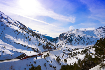 Candanchu snow road in Huesca on Pyrenees at Spainの写真素材