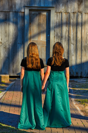 Long dress twin teen sisters hand in hand at the park sooden cabinの写真素材