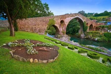 Cangas de Onis roman bridge on Sella river in Asturias of Spainの写真素材
