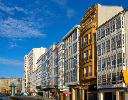 La Coruna facades near Port in Galicia of Spainの写真素材