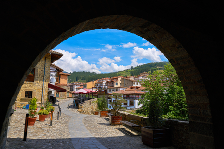 Potes village arch arcades in Cantabria of Spainの写真素材