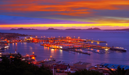 Vigo skyline and port sunset in Galicia of Spainの写真素材