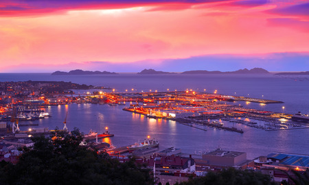 Vigo skyline and port sunset in Galicia of Spainの写真素材