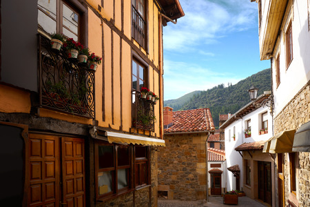 Potes village facades in Cantabria of Spainの写真素材
