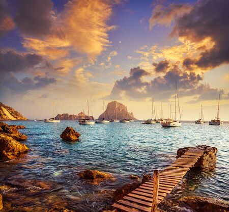 Ibiza cala d Hort with Es Vedra islet sunset in Sant Josep of Balearic Islandsの写真素材