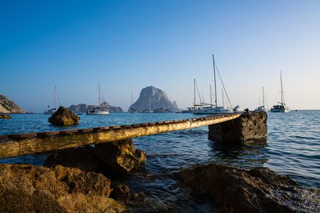 Ibiza cala d Hort with Es Vedra islet sunset in Sant Josep of Balearic Islandsの写真素材