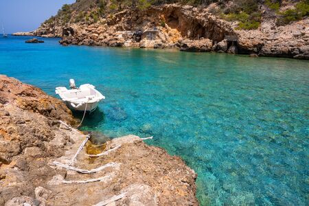 Cala Xuclar beach of Ibiza in Sant Joan of Balearic Islands