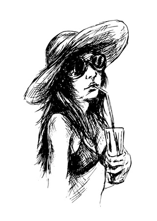 Hand drawing of a young woman with a drink  Vector illustrationのイラスト素材