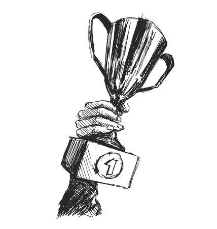 Hand sketch of a hand holding winning cupのイラスト素材