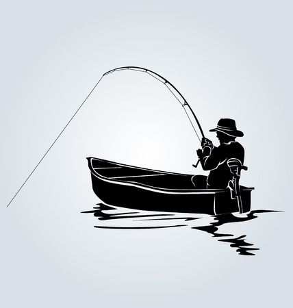 Vector silhouette of a fisherman in a boatのイラスト素材