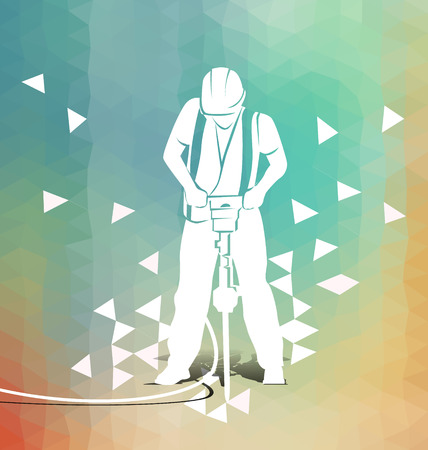 Vector illustration of a worker with a jackhammer on polygonal backgroundのイラスト素材