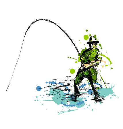 Colored hand drawing fisherman. Vector illustrationのイラスト素材