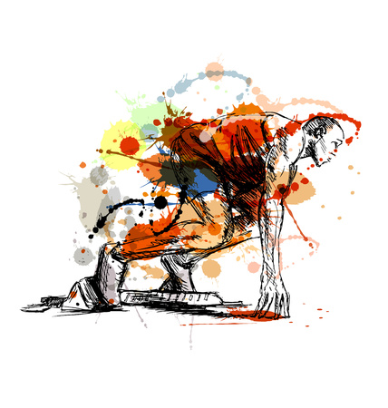 Colored hand sketch athlete on track starting to run. Vector illustrationのイラスト素材