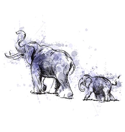 Colored hand sketch of an elephant with cub. Vector illustrationのイラスト素材