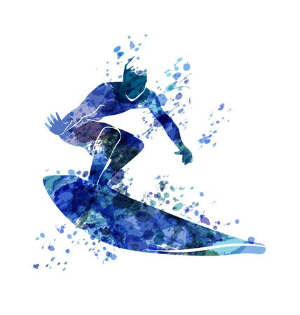 Blue Vector watercolor silhouette Surfer.のイラスト素材